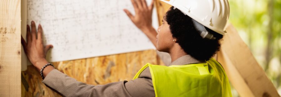 Black Woman Architect Checking Blueprints Project At Construction Site